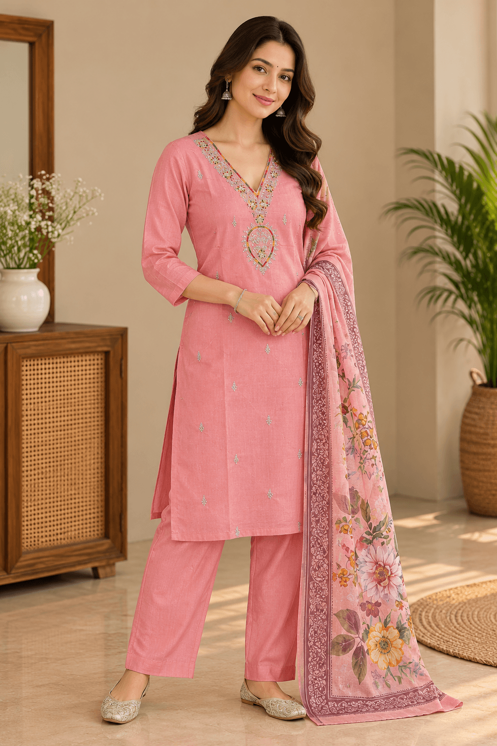 Ddusty-pink embroidered kurta set