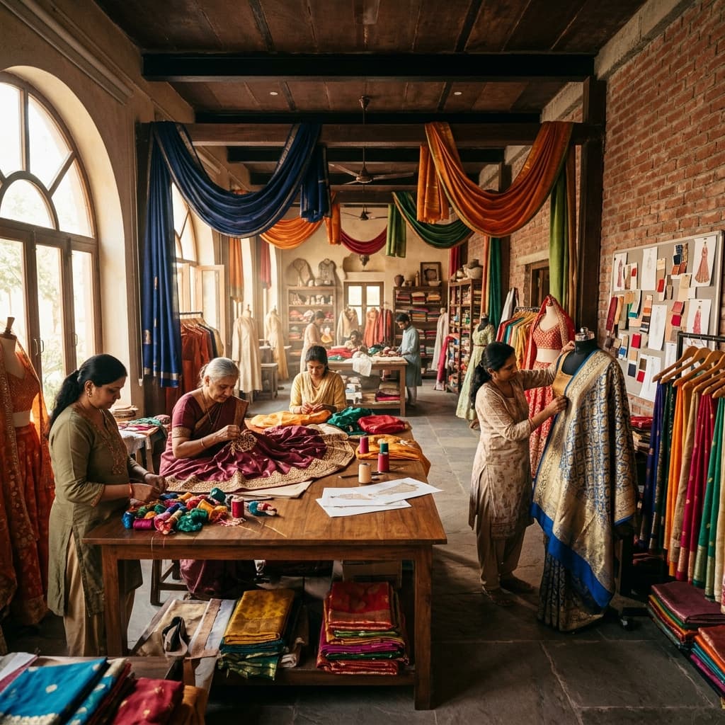 A Misaaya artisan hand-finishing an embroidered cotton kurti