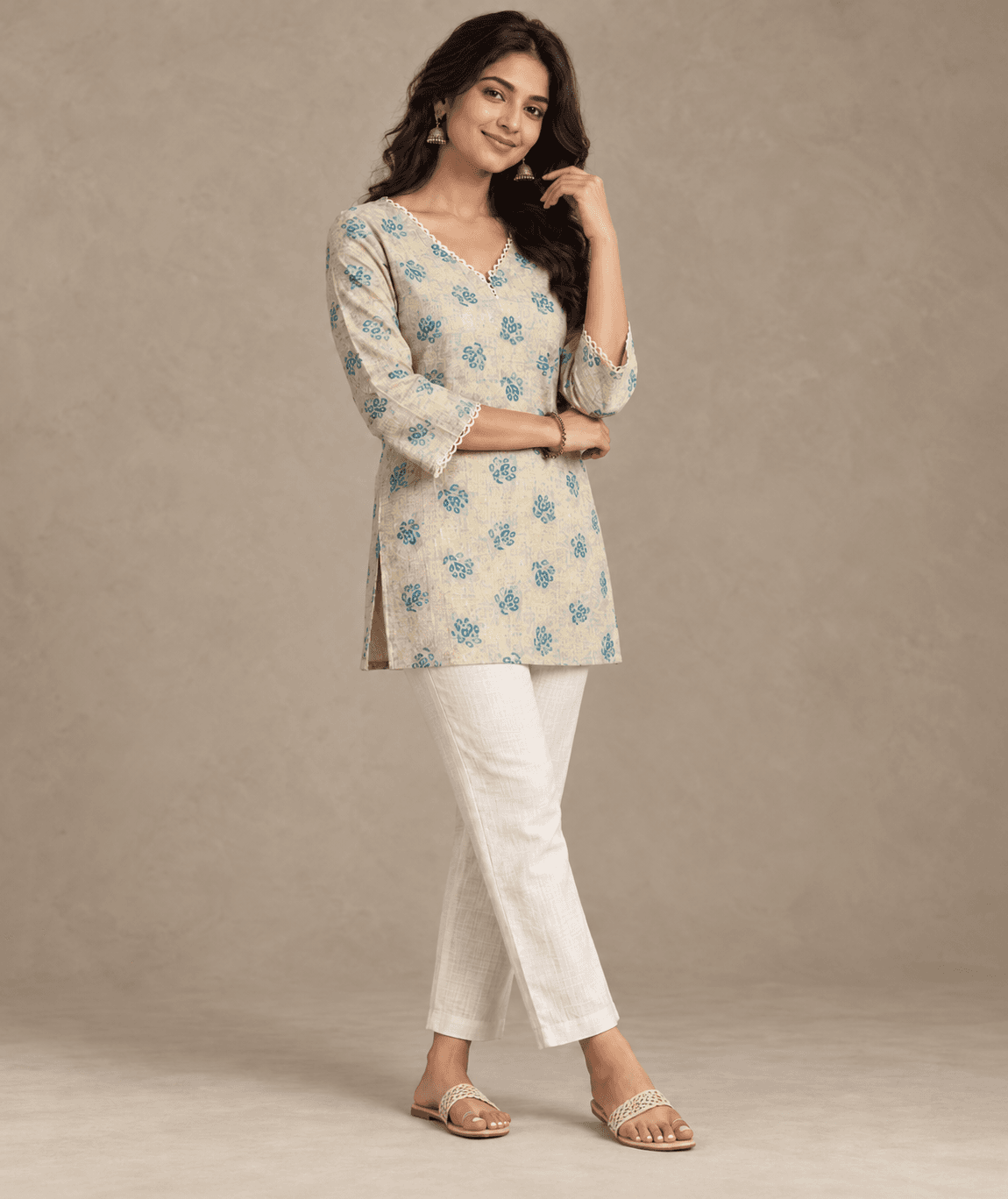 Beige Beauty Floral Kurti