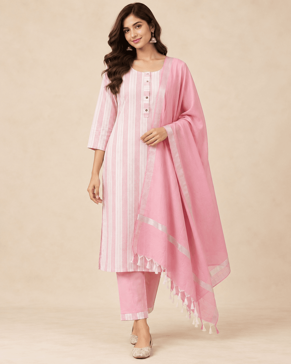 Blush Grace Pink Striped Kurta Pant Set with Dupatta
