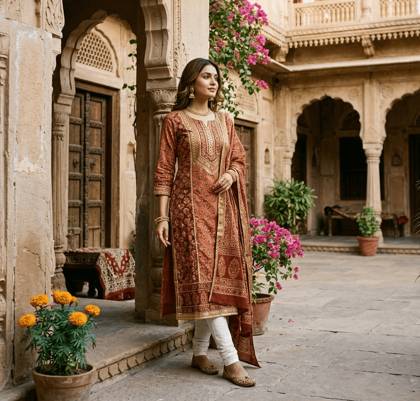 Model wearing a handcrafted Misaaya kurti